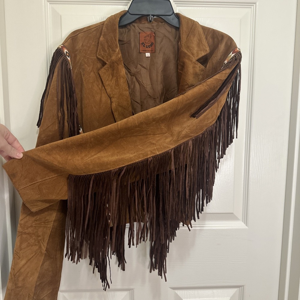 Western Fringe Leather Suede Jacket‎ Button Up Brown Aztec Design Sz Woman's L - Picture 11 of 15